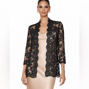 Sansappelle Black Beaded Lace Evening Jacket Sheer Embroidered Overlay Size 10